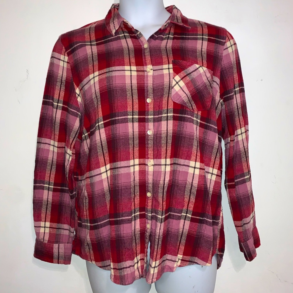 Aeropostale Red & Pink Flannel Plaid Button Down Shirt Large